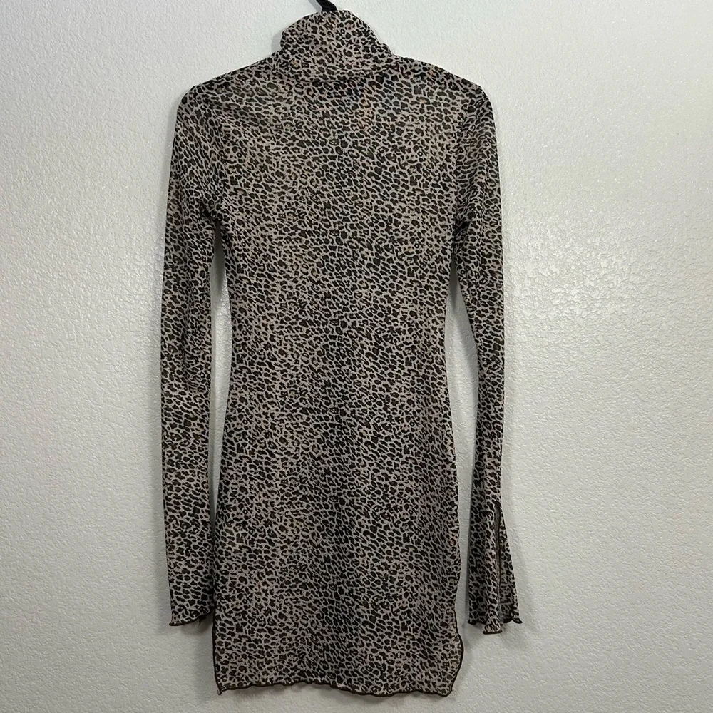 Sheer Mesh Cheetah Print Mock Neck Long Bell Sleeve Mini Dress Beach Cover Up